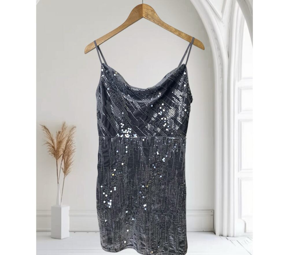 Lane 201 Gray Sequin Spaghetti Strap Mini Cocktail Party Dress Women's Medium